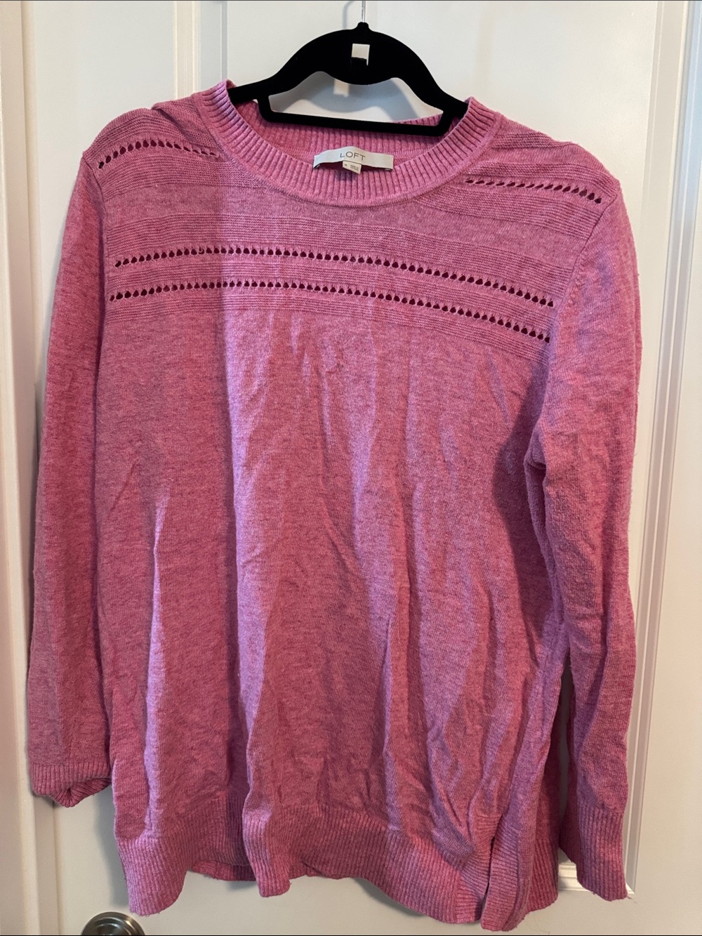 LOFT Heathered Pink Eyelet-Trim Crewneck Sweater